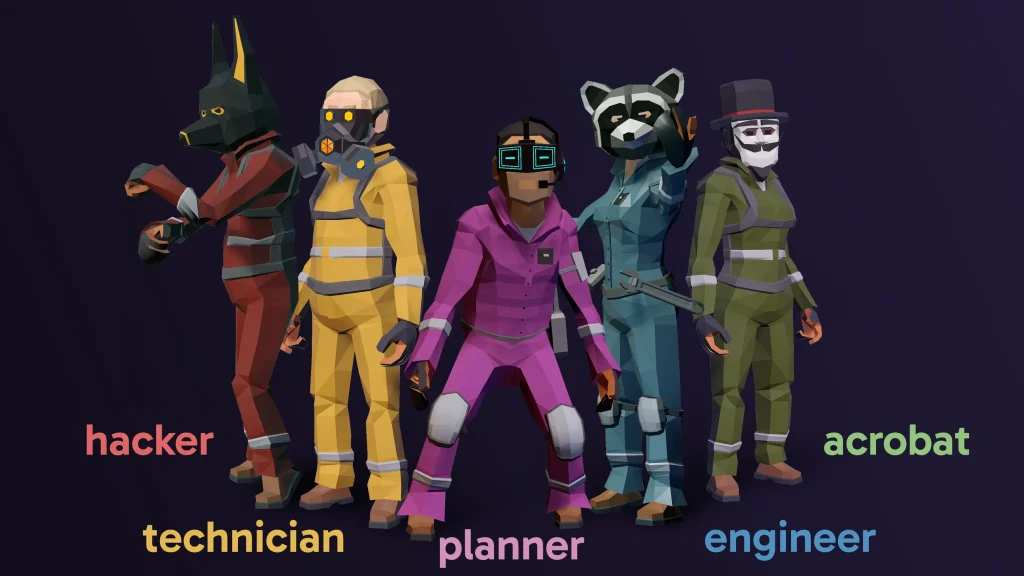 Les 5 personnages jouables de CinQ: hacker·euse, technicien·ne, planificateur·rice, ingénieur·e, acrobate.