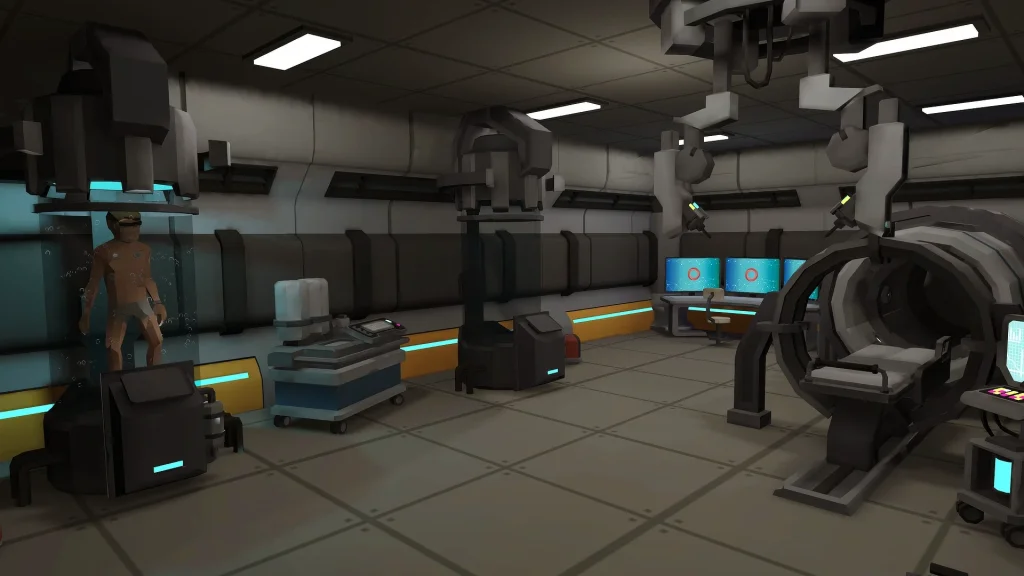 Capture d'écran de la simulation CinQ, représentant l'intérieur d'un laboratoire de recherche futuriste.