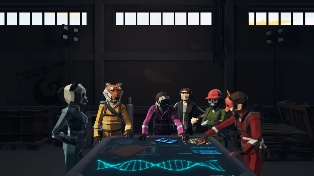 Capture d'écran de la simulation CinQ, représentant une équipe de personnages avec des masques planifiant une mission autour d'une table high-tech.
