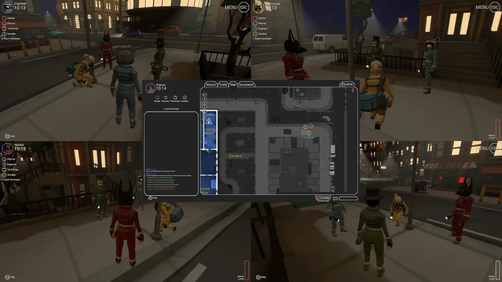 Montage de captures d'écran de CinQ, montrant 5 joueur·euse·s interagissant en temps réel dans le même environnement 3D.