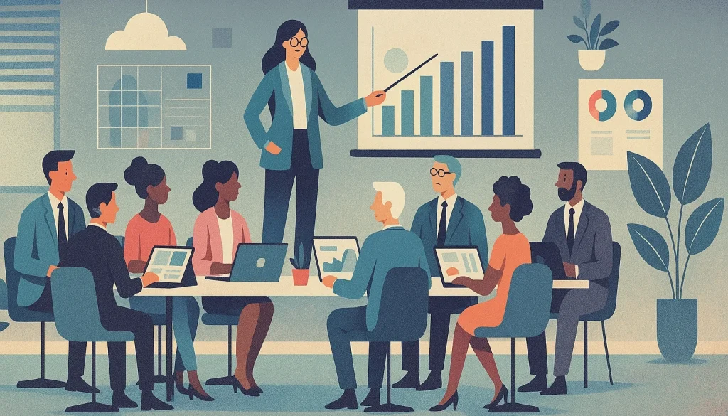 Illustration représentant une équipe en train d'être coachée.