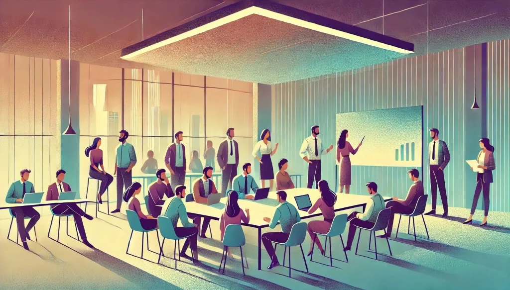 Illustration représentant un grand groupe de personnes d'affaires travaillant à l'intérieur d'un grand espace de bureau.