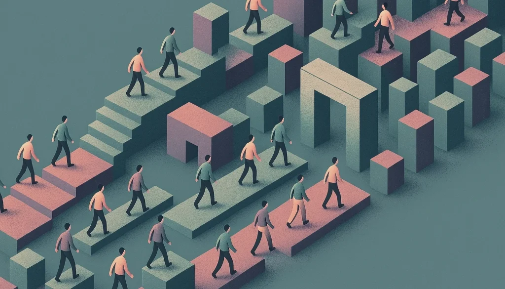 Illustration représentant un groupe de personnes naviguant sur un parcours d'obstacles abstrait.