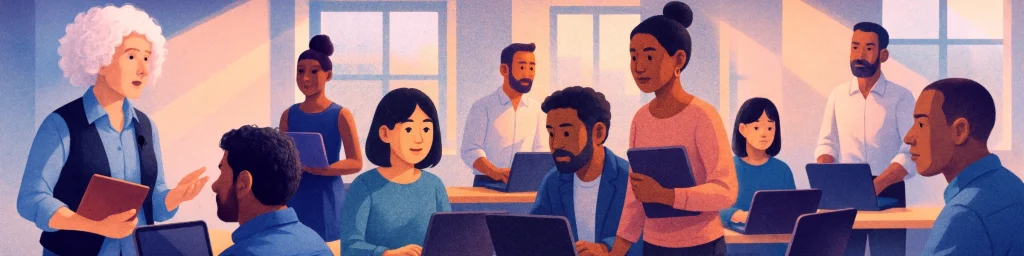 Illustration panoramique représentant une équipe de personnes d'affaires et de coachs travaillant et apprenant ensemble.