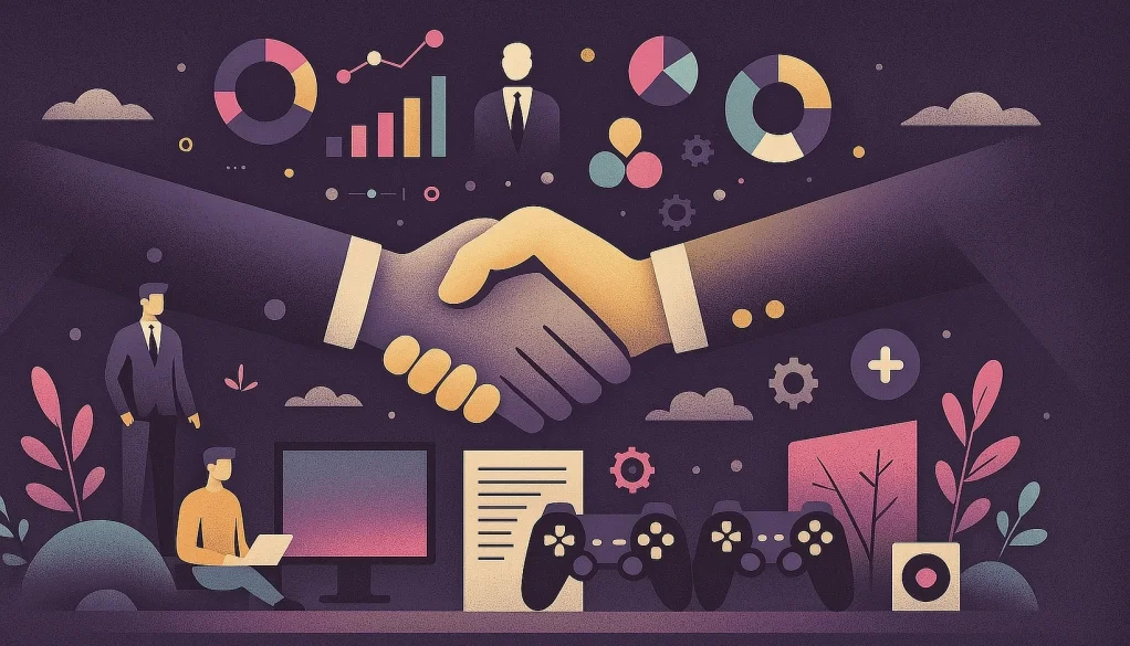 Illustration représentant une poignée de mains, entourée d'objets et d'éléments graphiques business et gaming.