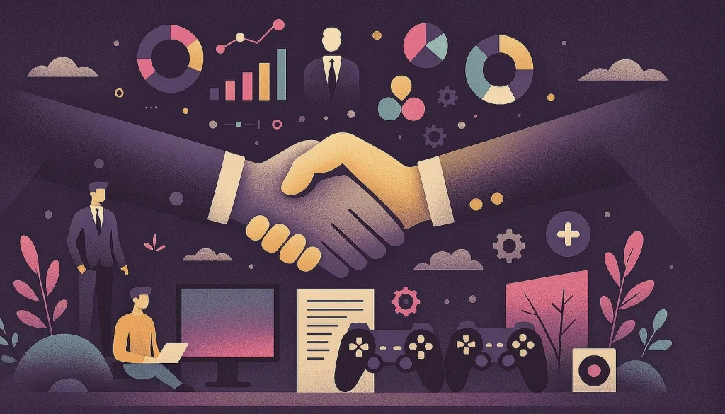 Illustration représentant une poignée de mains, entourée d'objets et d'éléments graphiques business et gaming.