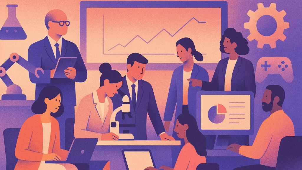 Illustration représentant une équipe de personnes en tenue d'affaires travaillant dans un laboratoire entouré d'éléments graphiques business et gaming.