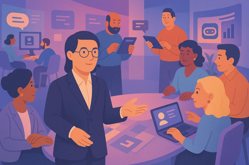 Illustration représentant une personne coachant une équipe utilisant CinQ.