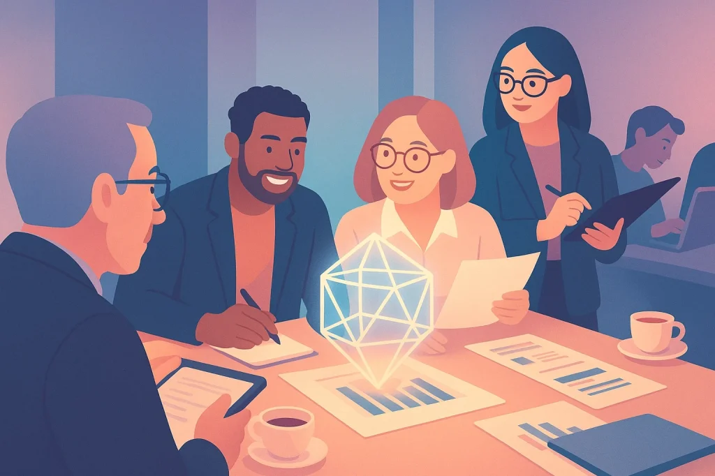 Illustration représentant des dirigeant·e·s d'entreprise travaillant ensemble et avec l'IA.