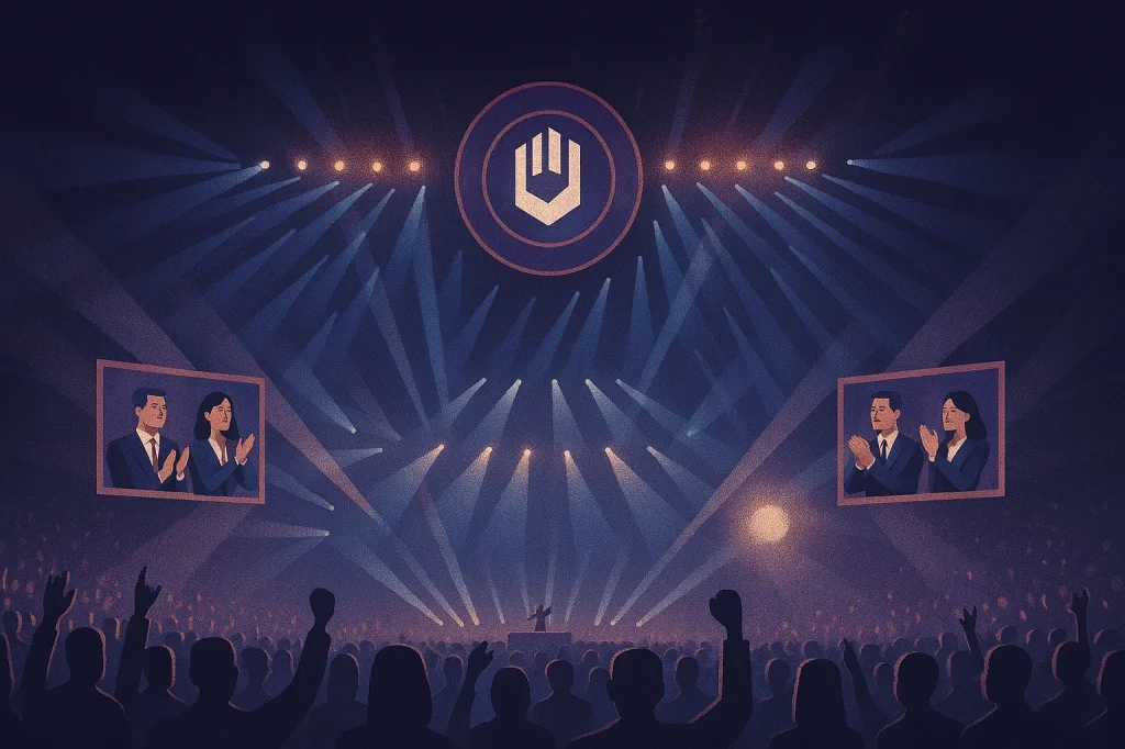 Illustration représentant une grande scène avec deux équipes de personnes d'affaires s'affrontant devant une foule.