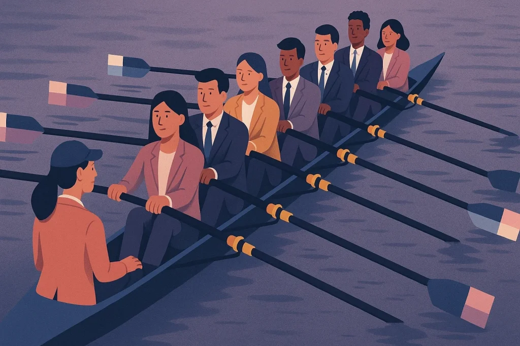 Illustration représentant des personnes d'affaires ramant un bateau de manière synchronisée.