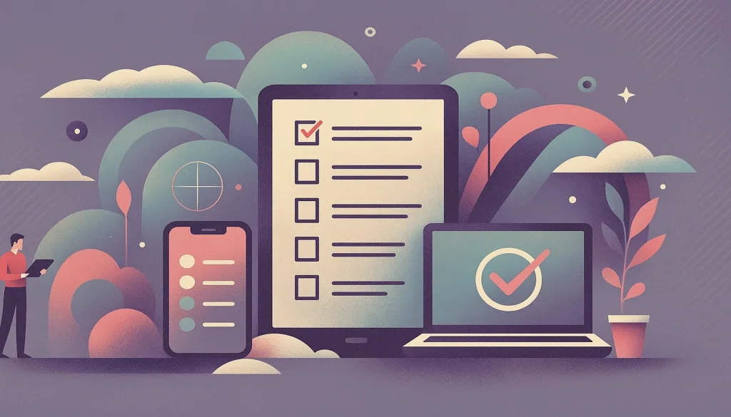 Illustration représentant une liste de contrôle entourée d'appareils technologiques.