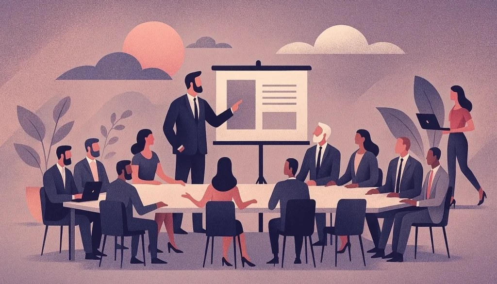 Illustration représentant une personne d'affaires faisant une présentation à un groupe de personnes d'affaires.