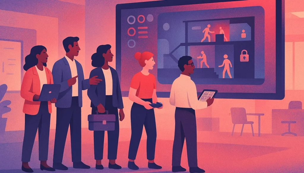 Illustration d'un groupe de personnes d'affaires travaillant ensemble face à un grand écran montrant du contenu de jeu vidéo de simulation professionnelle.