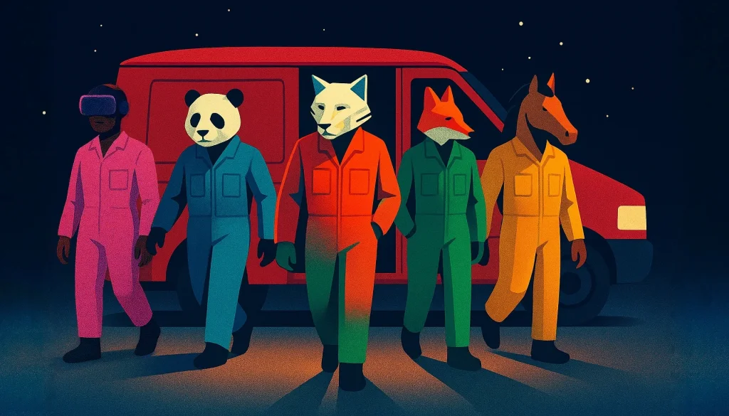 Illustration représentant des personnages portant des combinaisons de travail colorées et des masques d'animaux, sortants d'un van rouge.