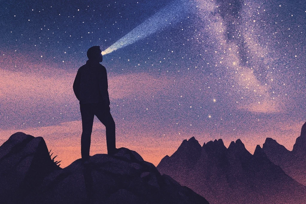 Photo d'une personne regardant un ciel nocturne étoilé avec une lampe frontale.
