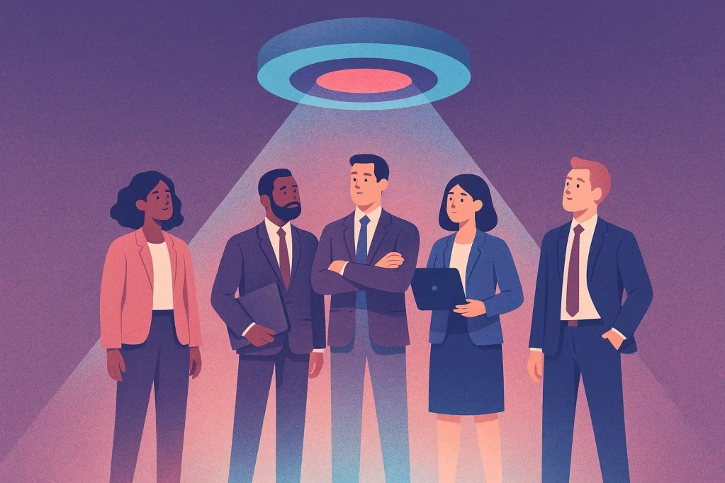 Une illustration représentant une équipe de personnes d'affaires se faisant scanner par un large hologramme flottant.