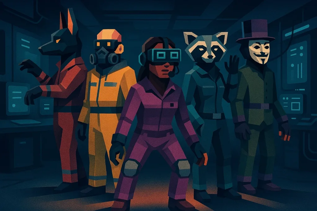 Illustration représentant les 5 personnages jouables de CinQ (hacker·euse, technicien·ne, planificateur·rice, ingénieur·e, acrobate).